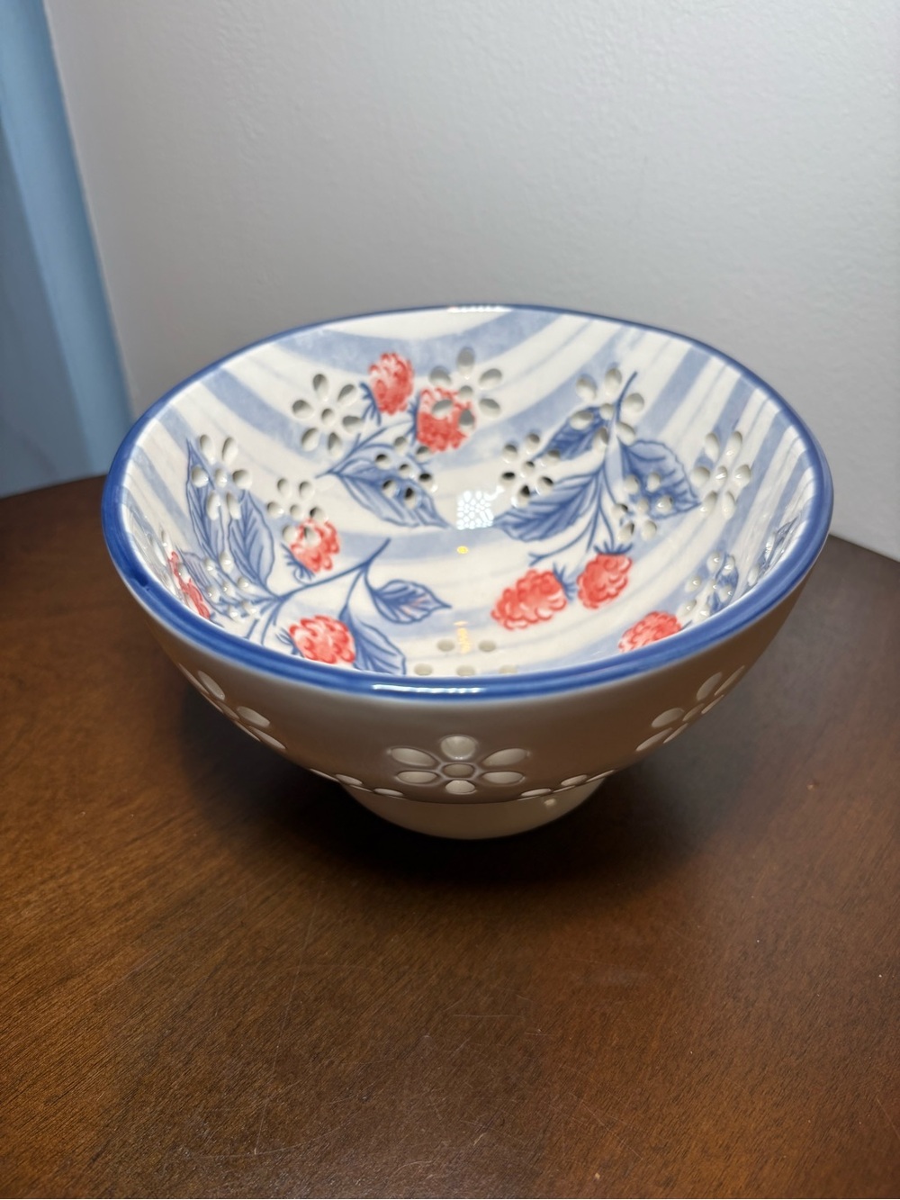 Blue and Coral Floral Ceramic Bowl with Cutout Detail